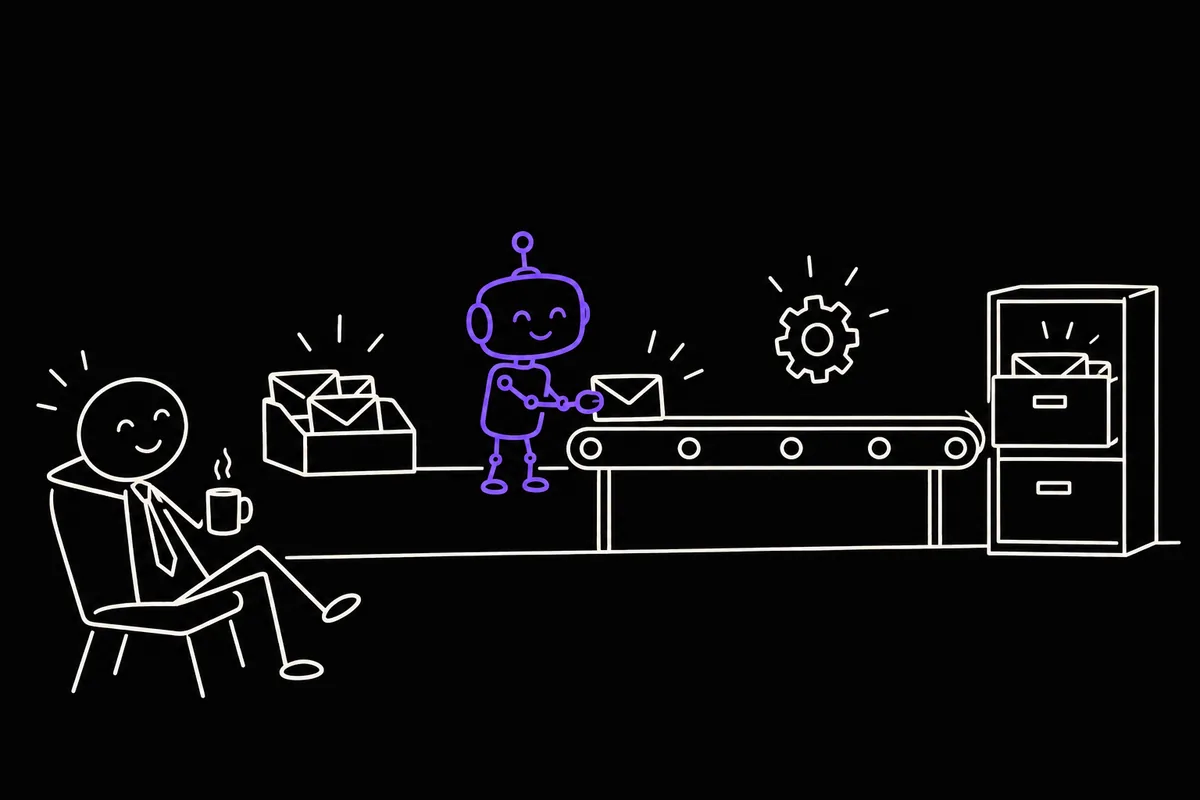 Stick-figure illustration: a small robot carrying envelopes along a conveyor from an inbox to a filing cabinet while a business owner relaxes with a mug