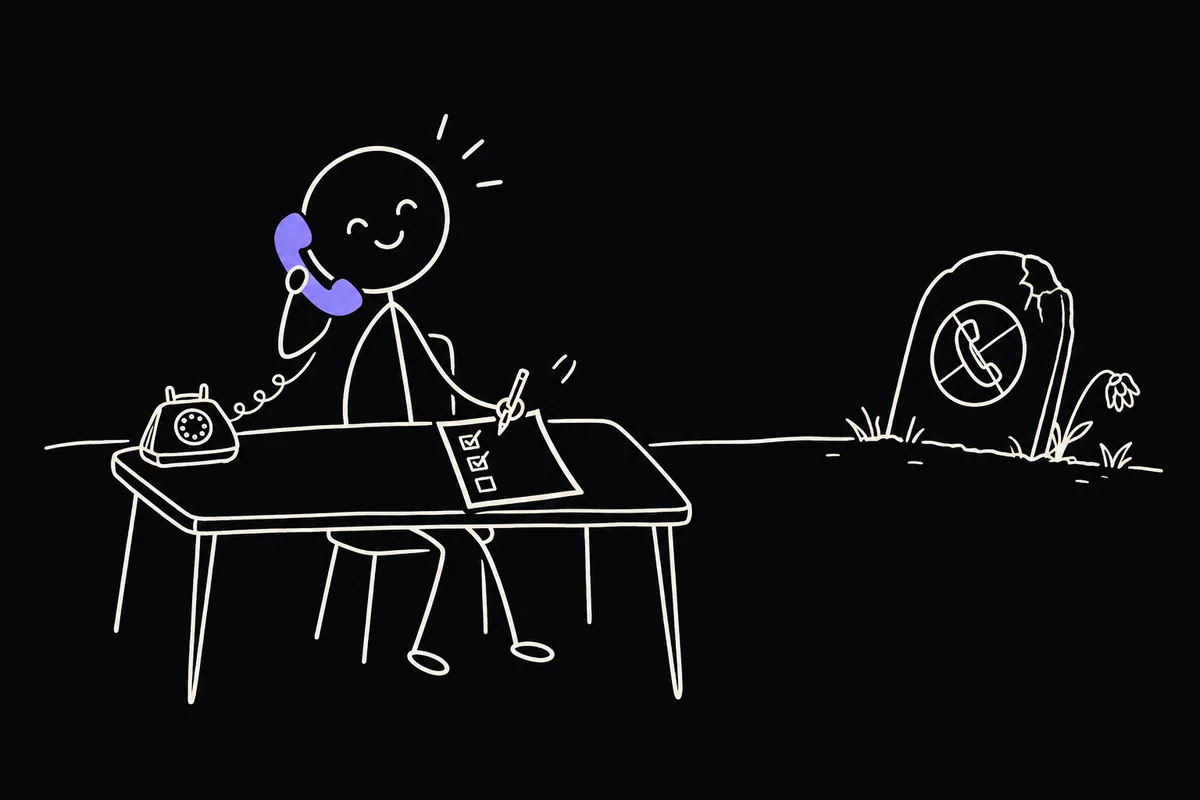Stick-figure illustration: a cheerful caller at a desk beside an ignored 'cold calling is dead' gravestone