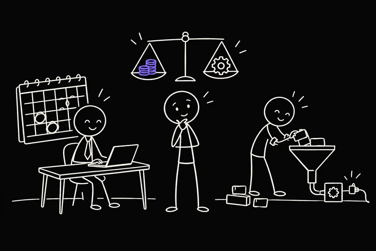 Stick-figure illustration: a business owner weighing two options under a balance scale, a suited figure at a desk with a few circled calendar days on one side and a figure building a funnel on the other