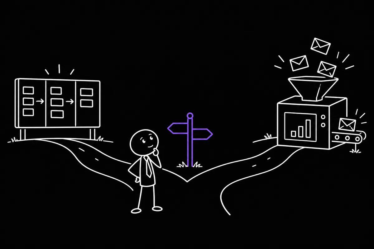 Stick-figure illustration: a business owner at a fork in a path, with a simple card board on one side and a bigger marketing machine on the other