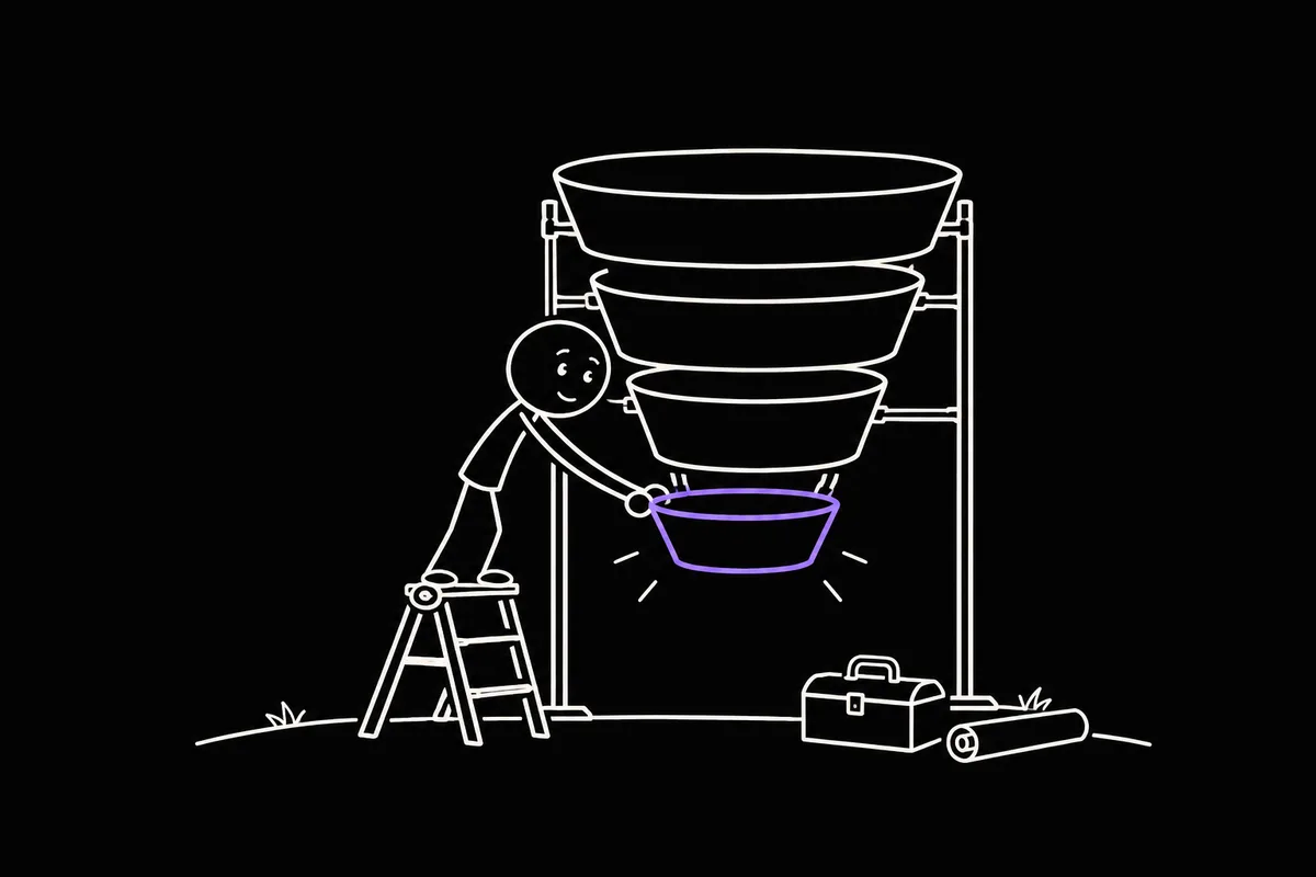 Stick-figure builder on a stepladder fitting the last violet ring into the bottom of a funnel
