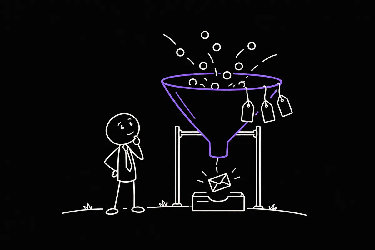 Stick-figure illustration: a business owner looks up at a large violet funnel with blank price tags hanging from its rim, as visitors drop in the top and one envelope comes out the bottom
