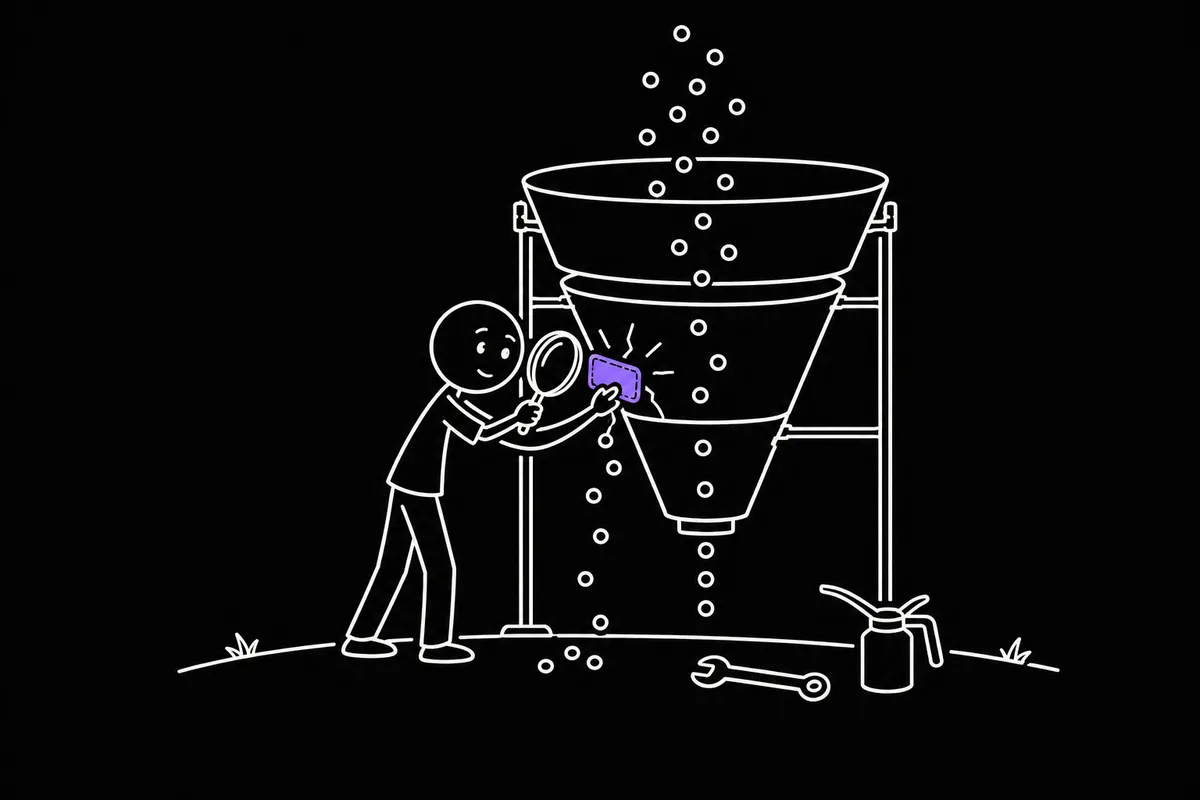 Stick-figure business owner with a magnifying glass patching a crack in a funnel where leads are leaking out