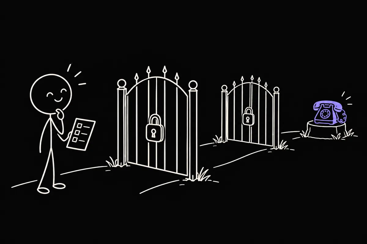 Stick-figure illustration: two locked gates labelled with padlocks standing between a person and a telephone, with a short screened list in their hand