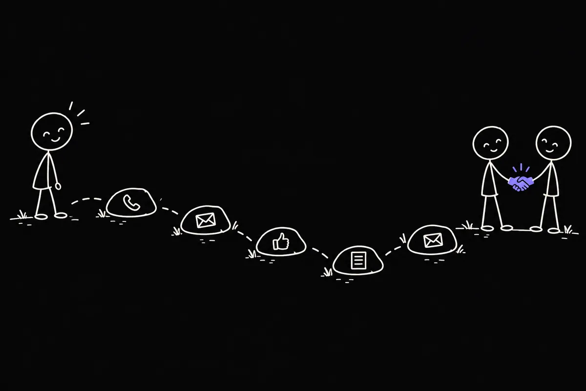 Stick-figure illustration: stepping stones of different shapes - a phone, envelopes, a thumbs up, a document - forming a winding path from a stranger figure to a handshake