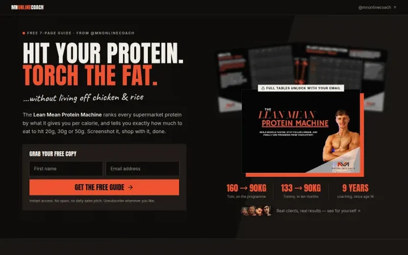 MN Online Coach lead magnet page: a free protein guide with an email sign-up form