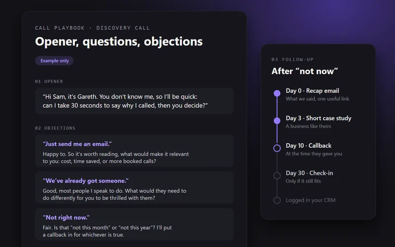 Example call playbook: opener, objection answers and a follow-up sequence