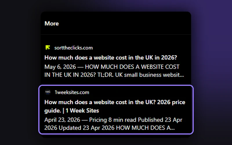 ChatGPT sources list citing the 1 Week Sites UK website cost guide