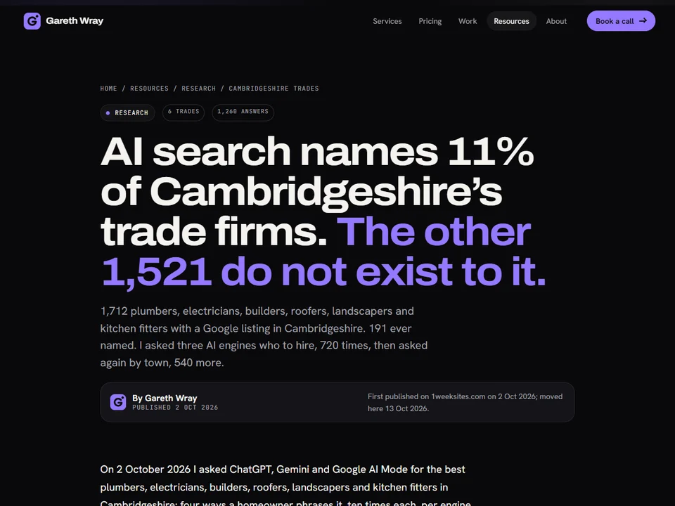 Figure 1 of the Cambridgeshire trades study: the share of AI answers that cite a trade directory, by engine