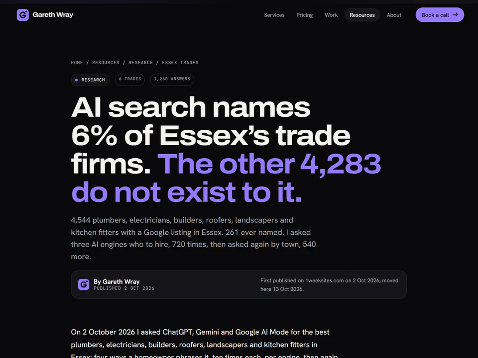 Figure 1 of the Essex trades study: the share of AI answers that cite a trade directory, by engine