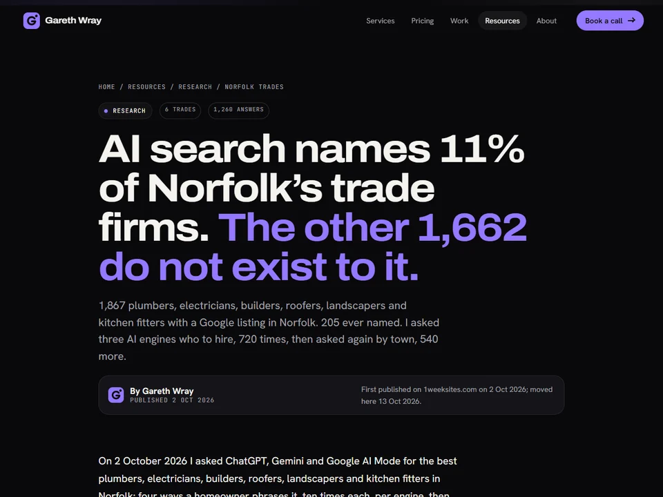 Figure 1 of the Norfolk trades study: the share of AI answers that cite a trade directory, by engine