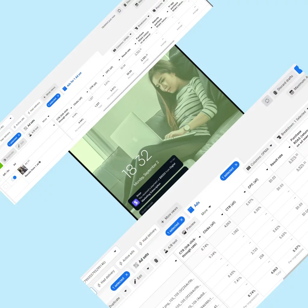 Meta Ads Manager results for the old and new Rich and Niche ads, with the new ad creative